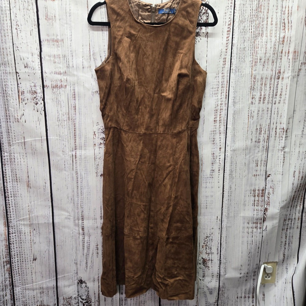 Polo Ralph Lauren Suede Dress Brown Sleeveless Knee Length Fit Flare Women Sz 6 - Picture 1 of 13